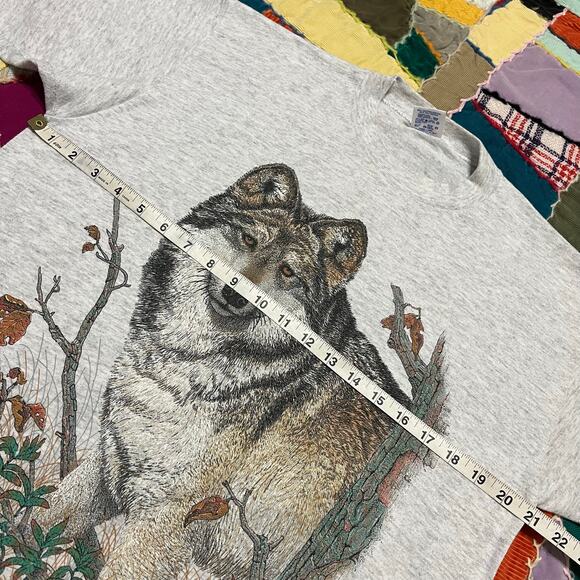 Vintage 90s Jerzees Wolf Nature Graphic White/Grey Shirt XL - Picture 7 of 7